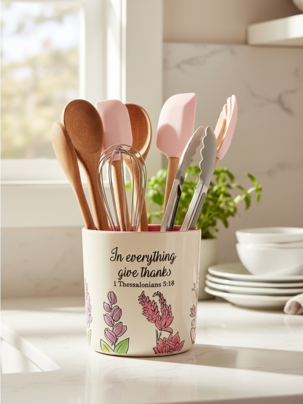 Christian Utensil Holder with Scripture and Floral Design